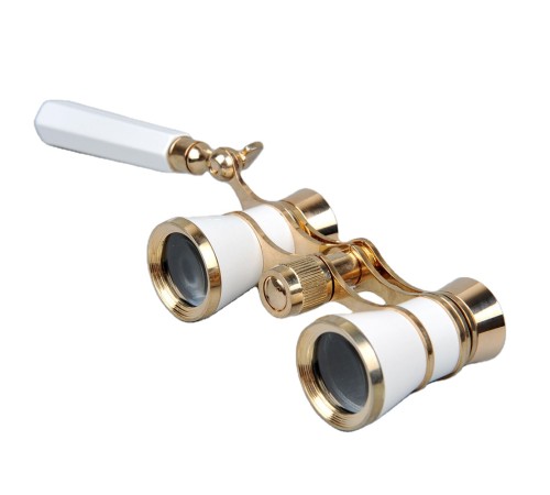 Nefis Işlemeli, Tiyatro / Opera Dürbünü 3x25 Prinç Metal Kaplamalı Retro Beyaz